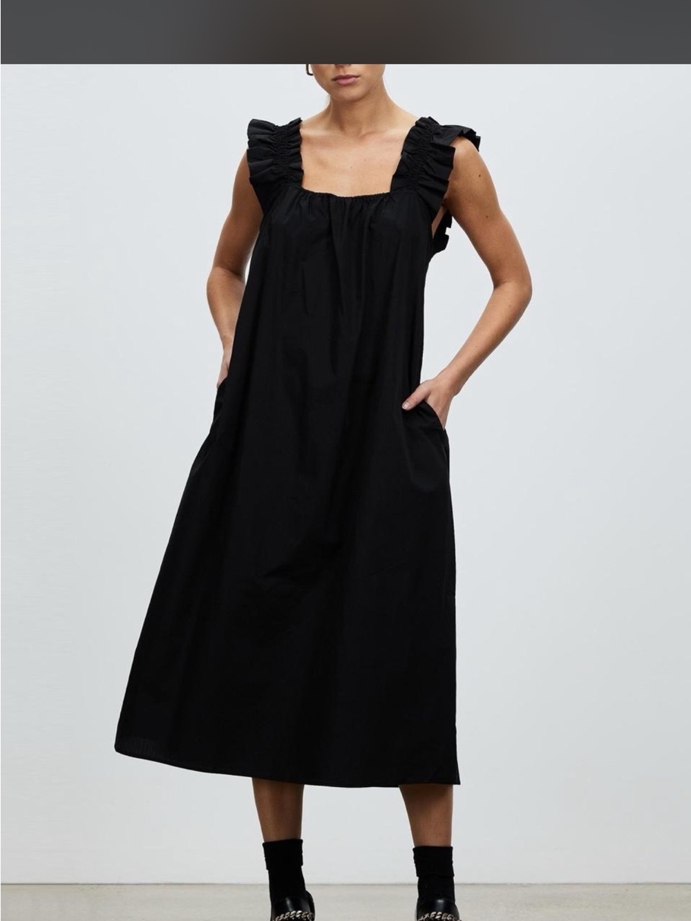 Black Ruffle Strap Midi Dress